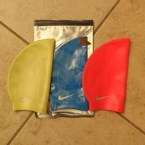 Nike Silicone Youth Swim Caps Yellow Orange Blue Lot of 3